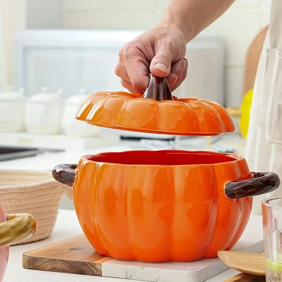 50OZ Dutch Oven Pot With Lid Ceramic Pumpkin Dish Halloween Pumpkin Pottery Dessert Saucepan No Open Flames Cute Pumpkin Bowl