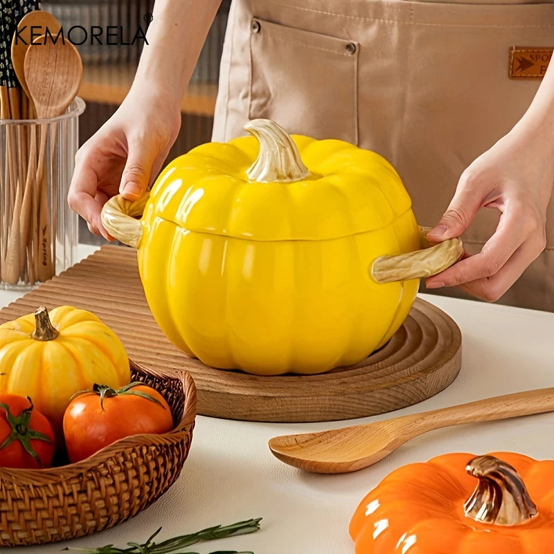 50OZ Dutch Oven Pot With Lid Ceramic Pumpkin Dish Halloween Pumpkin Pottery Dessert Saucepan No Open Flames Cute Pumpkin Bowl